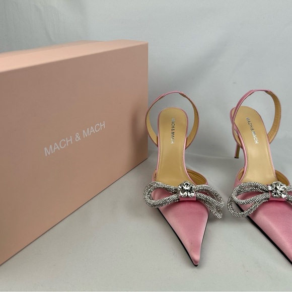 Mach & Mach RARE Double Bow Crystal-embellished Pink Satin Slingback Heels - Picture 12 of 16
